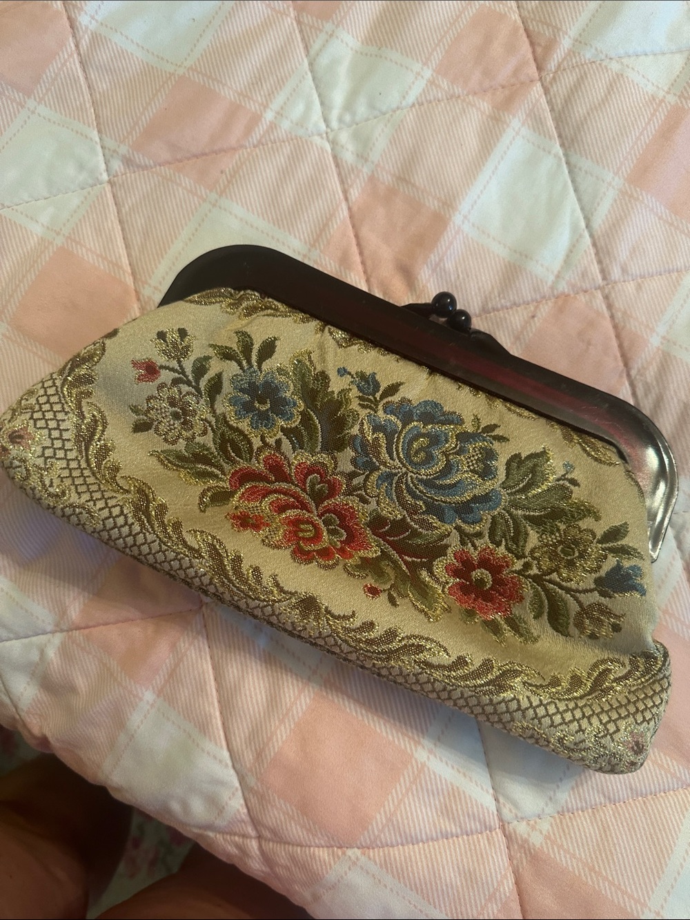 Vintage Floral Embroidered Clutch - Gold with Red & Blue Accents